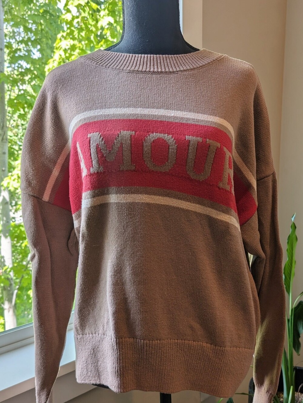 Brown Crewneck Sweater with Red Stripe and 'AMOUR' Graphic
